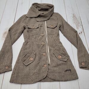 Stussy girls brown wool knit jacket coat mid length button front cowl neck